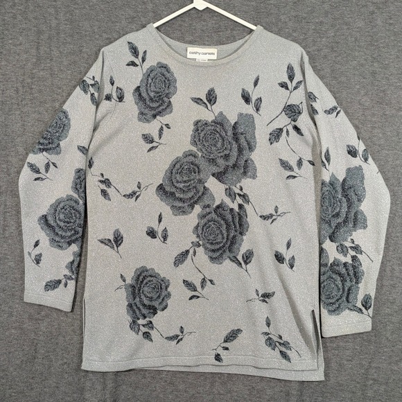 Cathy Daniels Sweaters - Cathy Daniels Womens Gray Roses‎ with Sparkle 3/4 Sleeve Sweater Size M